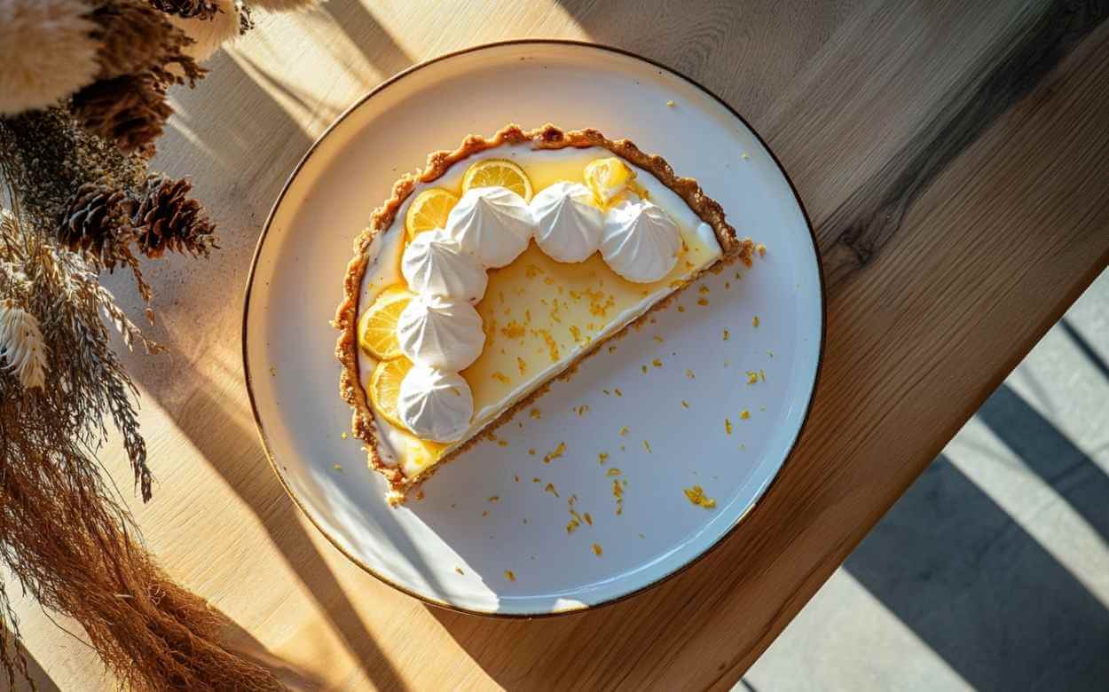 Tarte au citron meringuée avec une tranche manquante, garnie de tranches fines de citron et de petites meringues, présentée sur une assiette blanche posée sur une table en bois clair, éclairage naturel.