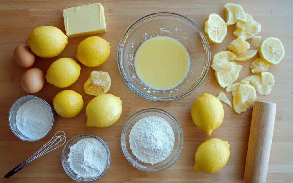 Ingrédients frais pour tarte au citron disposés sur un plan de travail en bois : citrons entiers et tranchés, beurre, œufs, farine, sucre glace, fouet, et un rouleau à pâtisserie.