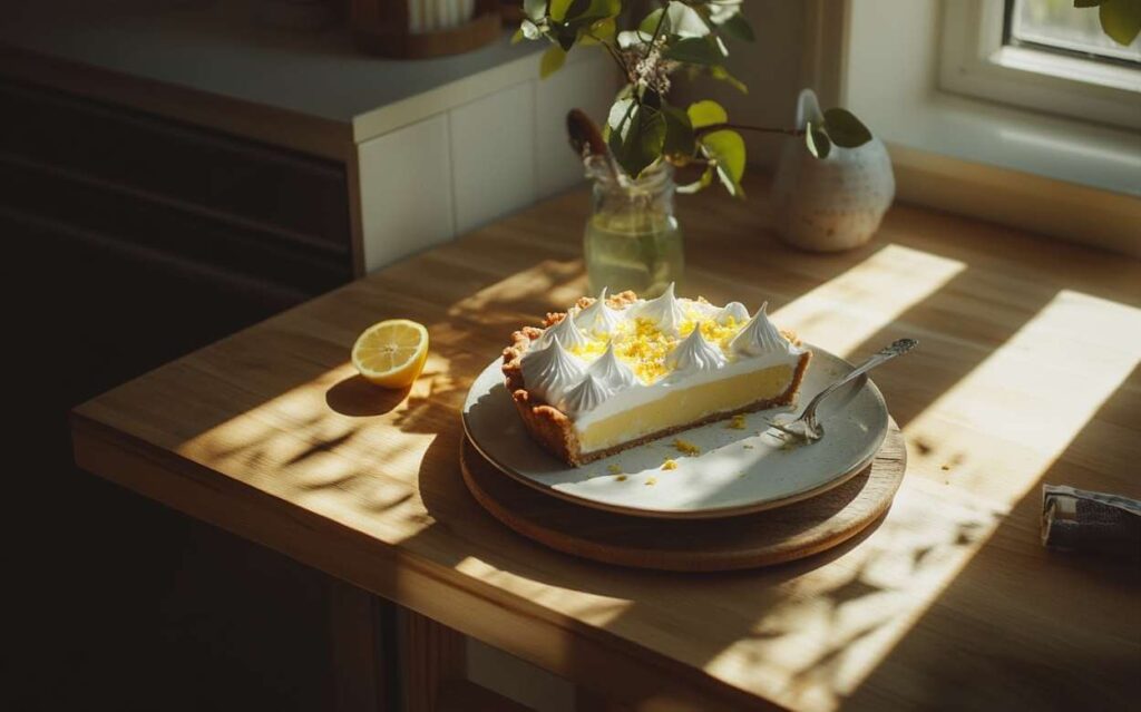 Part de tarte au citron meringuée posée sur une assiette blanche avec une fourchette, sur une table en bois clair, éclairée par une lumière naturelle douce, avec une moitié de citron et un vase de fleurs en arrière-plan.