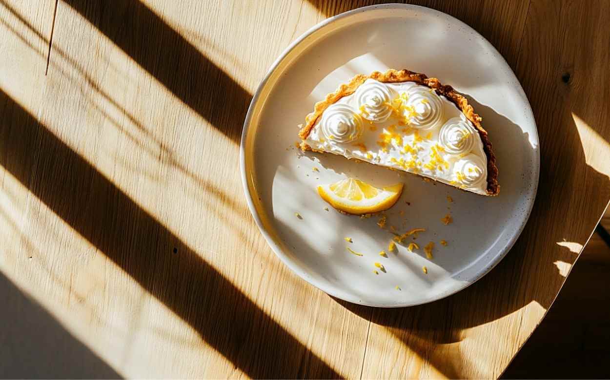 Part de tarte au citron meringuée avec zestes de citron et tranche de citron sur une assiette blanche, vue de dessus avec lumière naturelle et ombres sur une table en bois clair.