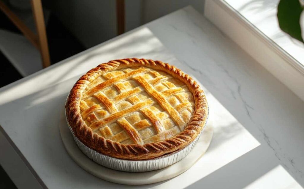 Tourtière parfaitement dorée, avec une croûte tressée et des rayons de lumière naturelle créant des ombres douces, reposant sur une plaque en marbre dans une cuisine moderne.