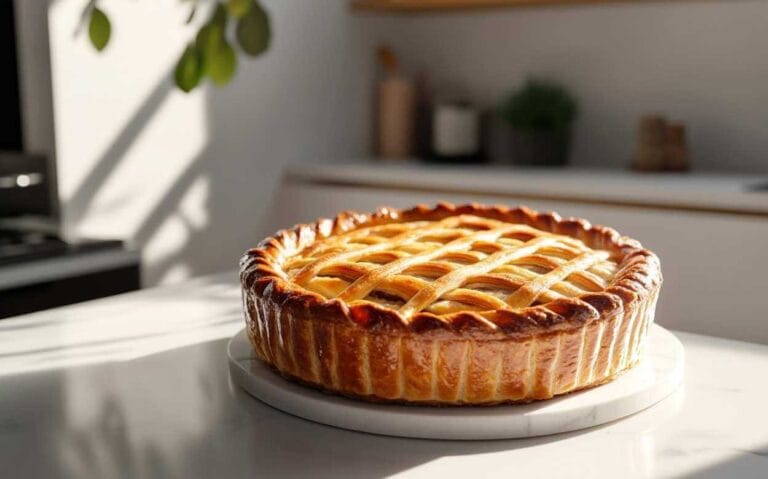 Tourtière dorée et parfaitement cuite, présentée sur une plaque ronde en marbre, avec des ombres douces créées par la lumière naturelle du soleil qui entre par la fenêtre.