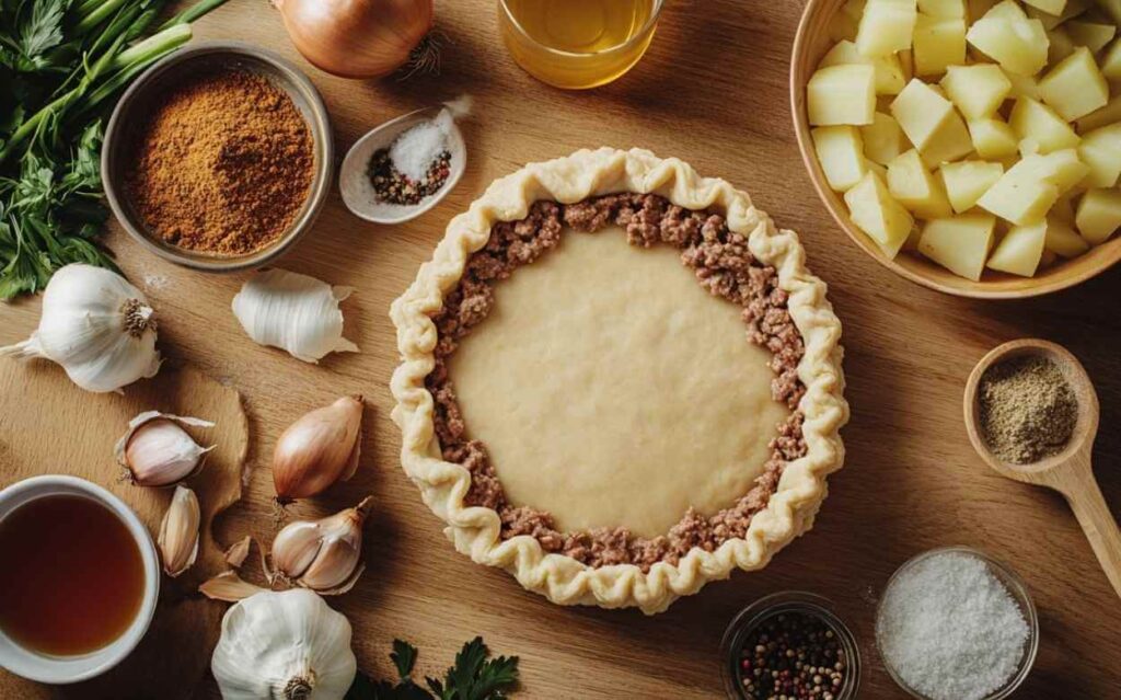 Ingrédients frais pour préparer une tourtière maison, comprenant de la viande hachée, des pommes de terre, des épices, de l'ail, des oignons, et de la pâte, sur un plan de travail en bois.