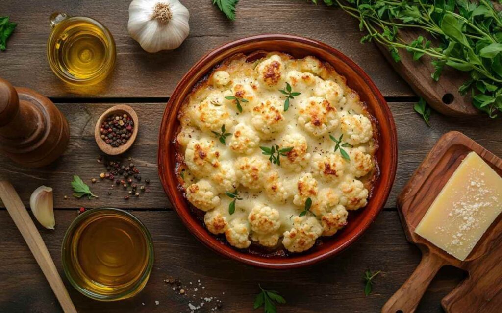 Gratin de chou-fleur au four dans un plat en terre cuite, entouré d’ingrédients frais comme de l’ail, du parmesan, de l’huile d’olive, du poivre en grains et des herbes aromatiques sur une table en bois.