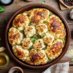 Chou-fleur gratiné au four dans un plat en terre cuite, entouré d’ingrédients frais comme de l’ail, du basilic, de l’huile d’olive et des épices sur une table en bois rustique.