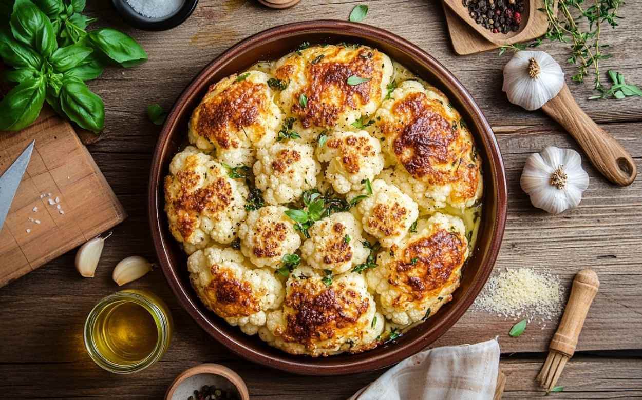 Chou-fleur gratiné au four dans un plat en terre cuite, entouré d’ingrédients frais comme de l’ail, du basilic, de l’huile d’olive et des épices sur une table en bois rustique.