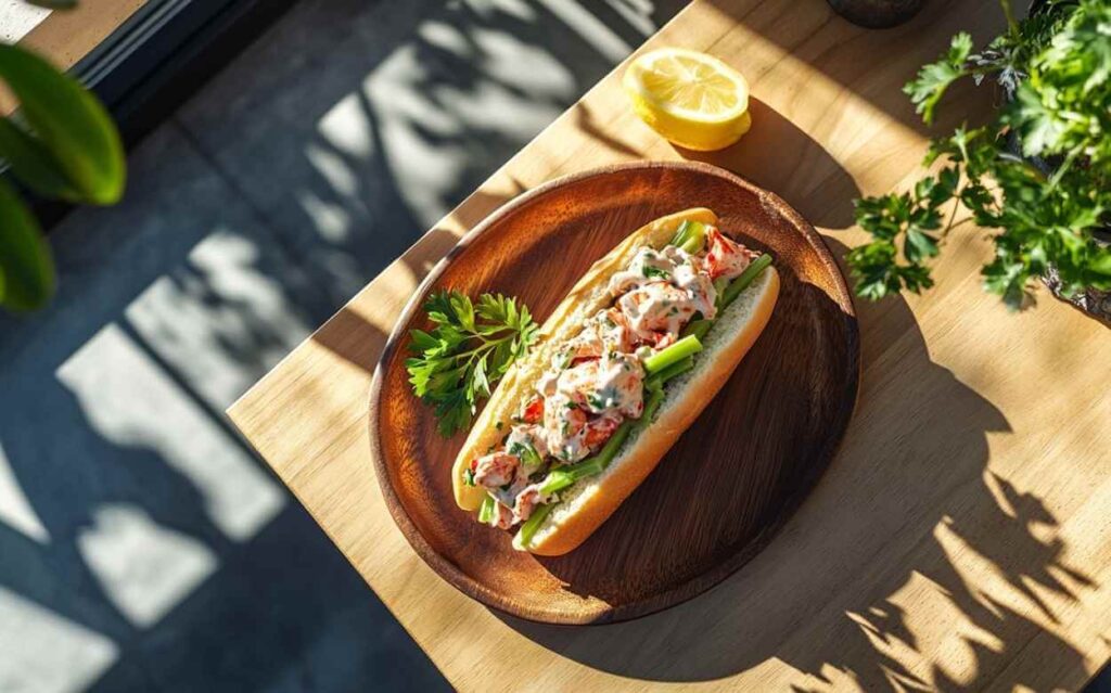 Guédille homard garnie de homard en sauce mayonnaise, céleri croquant et persil frais, servie dans un pain brioché sur une assiette en bois, avec un quartier de citron, en lumière naturelle dans une cuisine moderne.