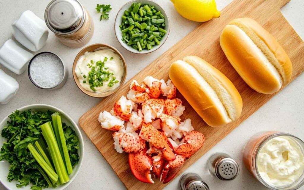 Ingrédients frais pour guédille homard disposés sur une planche en bois et un plan de travail, comprenant morceaux de homard décortiqués, pains à hot dog briochés, céleri, mayonnaise garnie de ciboulette, persil frais, citron, sel, poivre et épices.