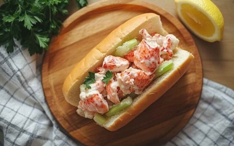 Sandwich guédille au homard avec morceaux de homard en sauce mayonnaise, céleri croquant et feuille de persil, servi sur une planche en bois, accompagné d’un quartier de citron.
