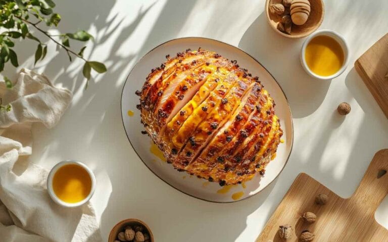 Vue de dessus d’un jambon entier rôti au four, incisé en quadrillage, nappé d’un glaçage miel-moutarde et parsemé de clous de girofle, posé sur une assiette blanche entourée de coupelles de miel et de petits bols de noix, le tout dans une cuisine moderne baignée de lumière naturelle.
