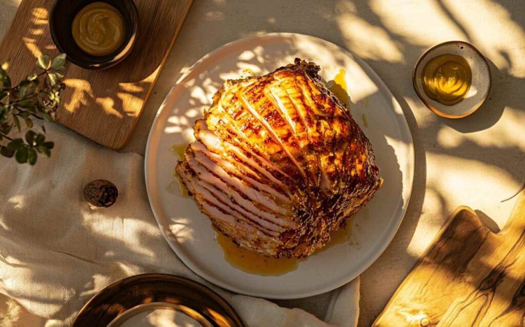 Vue plongeante sur un jambon au four tranché, nappé d’un glaçage miel-moutarde, disposé sur une assiette blanche avec deux coupelles de moutarde en arrière-plan, le tout sous un jeu d’ombres végétales dans une ambiance de cuisine chaleureuse.