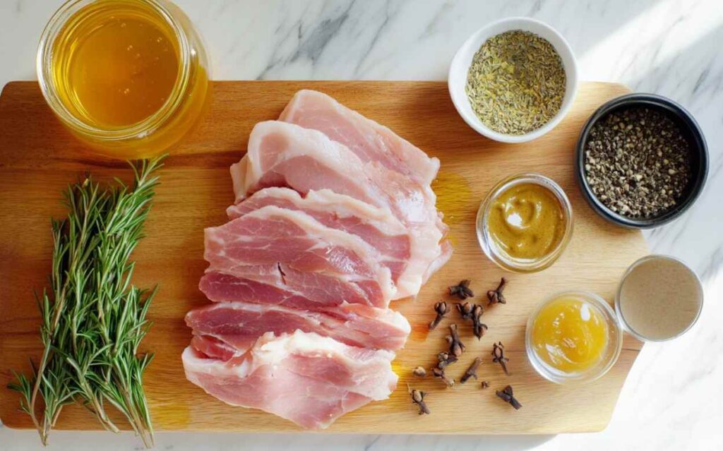 Planche en bois vue de dessus avec des tranches de jambon cru, un pot de miel, un ramequin de moutarde, des clous de girofle, du romarin frais, un bol d’herbes de Provence et un bol de poivre concassé disposés harmonieusement.
