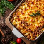 Macaroni à la viande gratiné avec fromage doré et viande hachée, décoré de feuilles d'herbes, sur un fond de bois avec des éléments de décoration automnale.