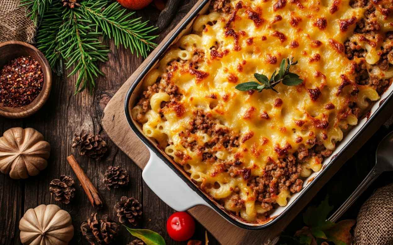 Macaroni à la viande gratiné avec fromage doré et viande hachée, décoré de feuilles d'herbes, sur un fond de bois avec des éléments de décoration automnale.