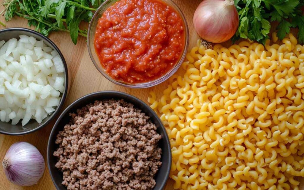 Ingrédients pour macaroni à la viande : pâtes coudées, viande hachée, sauce tomate, oignons hachés, et oignon entier, accompagnés de persil frais.