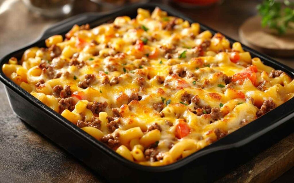 Gratin de macaroni à la viande hachée, garni de fromage fondant et légèrement doré, avec des tomates fraîches et des herbes, dans un plat de cuisson noir