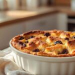 Pouding au pain cuit dans un plat blanc avec des raisins secs visibles sur le dessus, pris dans une cuisine moderne ensoleillée.
