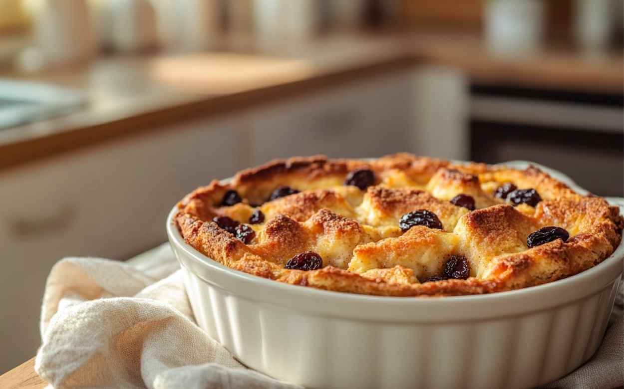 Pouding au pain cuit dans un plat blanc avec des raisins secs visibles sur le dessus, pris dans une cuisine moderne ensoleillée.