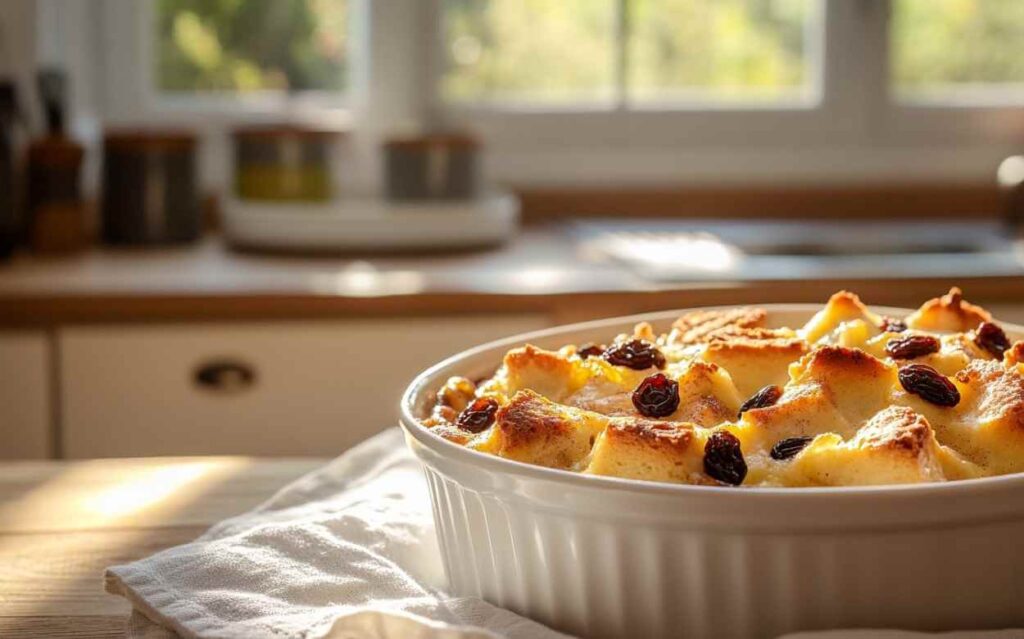Pouding au pain doré avec des raisins secs sur le dessus, placé dans un plat blanc, pris dans une cuisine moderne avec une lumière naturelle.