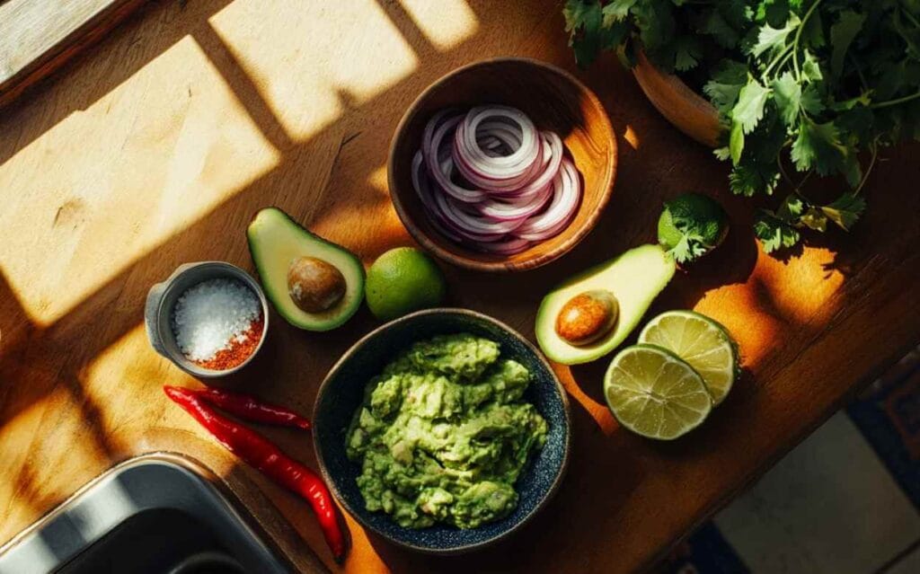 Vue de dessus d'ingrédients pour guacamole disposés sur une table en bois baignée de soleil : un bol de guacamole, des avocats coupés en deux, des citrons verts entiers et en tranches, un bol d'oignons rouges émincés, des piments rouges, du sel, et de la coriandre fraîche.