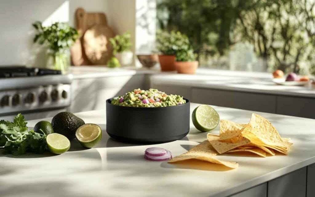 Guacamole servi dans un bol noir sur un comptoir de cuisine moderne avec des avocats, des citrons verts, de la coriandre et des chips de maïs.