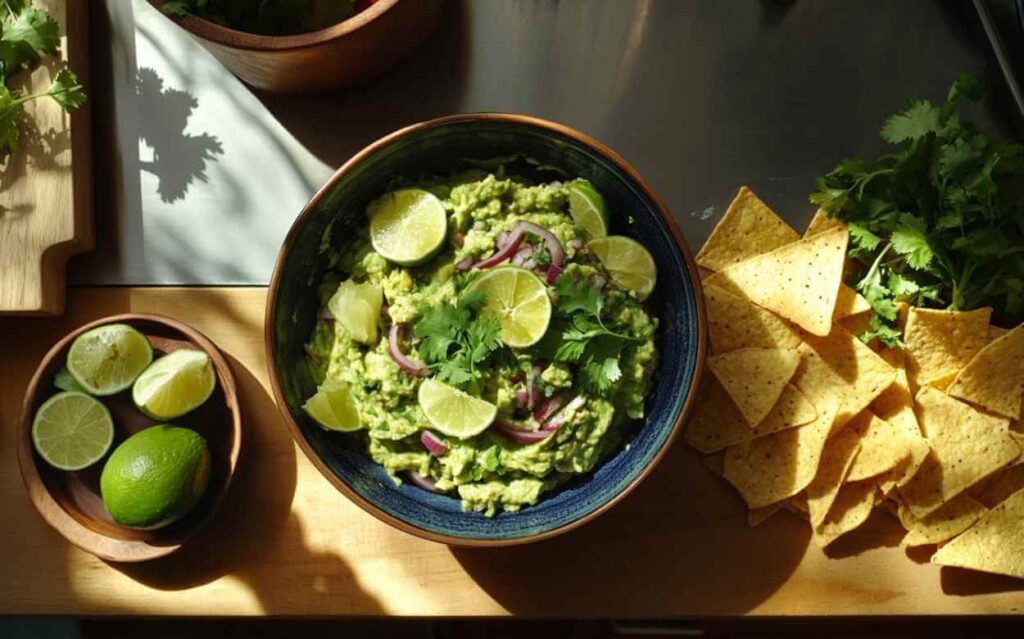 Vue de dessus d'un grand bol bleu de guacamole garni de tranches de citron vert et de coriandre, à côté d'une pile de chips tortilla et d'un petit bol de citrons verts sur une table en bois éclairée par le soleil.
