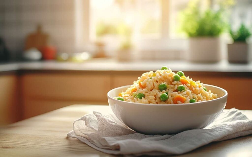 Riz pilaf aux légumes, avec des pois et des carottes, dans un bol posé sur une serviette, avec une cuisine moderne en arrière-plan baignée de lumière naturelle.