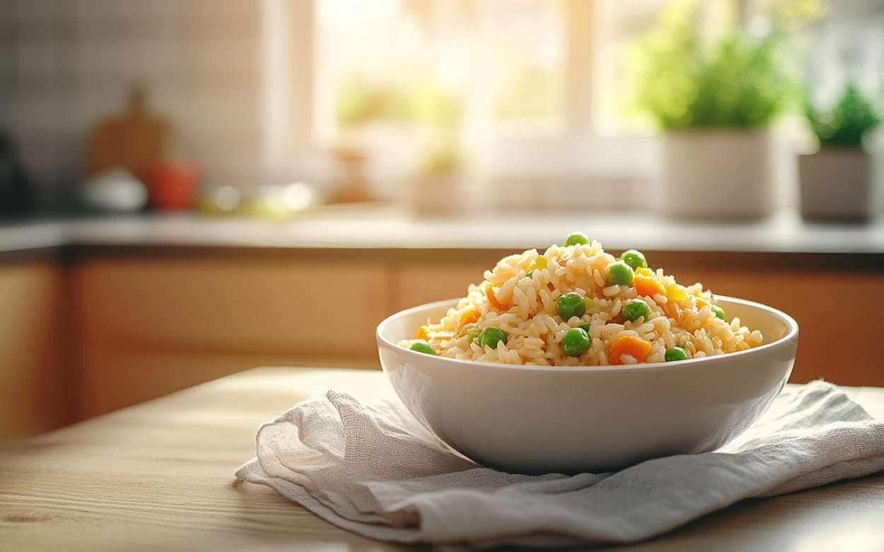 Riz pilaf aux légumes, avec des pois et des carottes, dans un bol posé sur une serviette, avec une cuisine moderne en arrière-plan baignée de lumière naturelle.