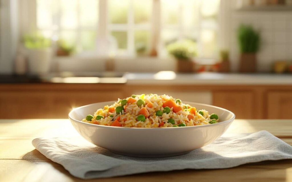 Bol de riz pilaf aux légumes, avec des pois verts et des carottes, sur une serviette en lin, avec un arrière-plan lumineux d'une cuisine moderne.