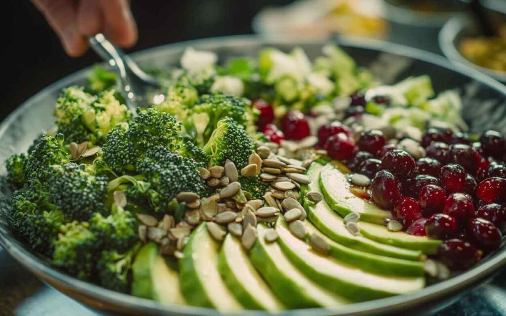 Salade de brocoli avec avocat, graines de tournesol et canneberges, une main en train de mélanger