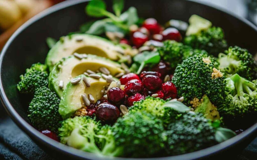 Salade de brocoli avec avocat, graines de tournesol et canneberges, vue de près dans un bol noir.