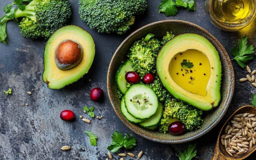 Salade de brocoli avec avocat, concombre, canneberges et huile d'olive, vue en gros plan.