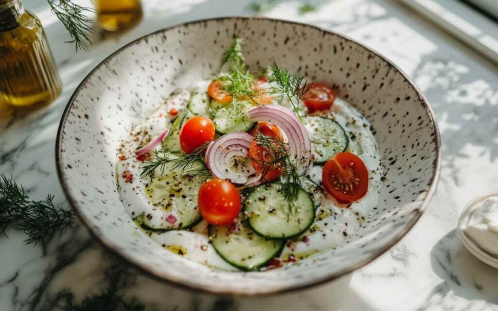 Bol de salade de concombre garni de tranches de tomates cerises, d’oignons rouges et d’aneth, nappé d’une sauce crémeuse et parsemé de grains de poivre et d’huile d’olive, posé sur un plan de travail en marbre.