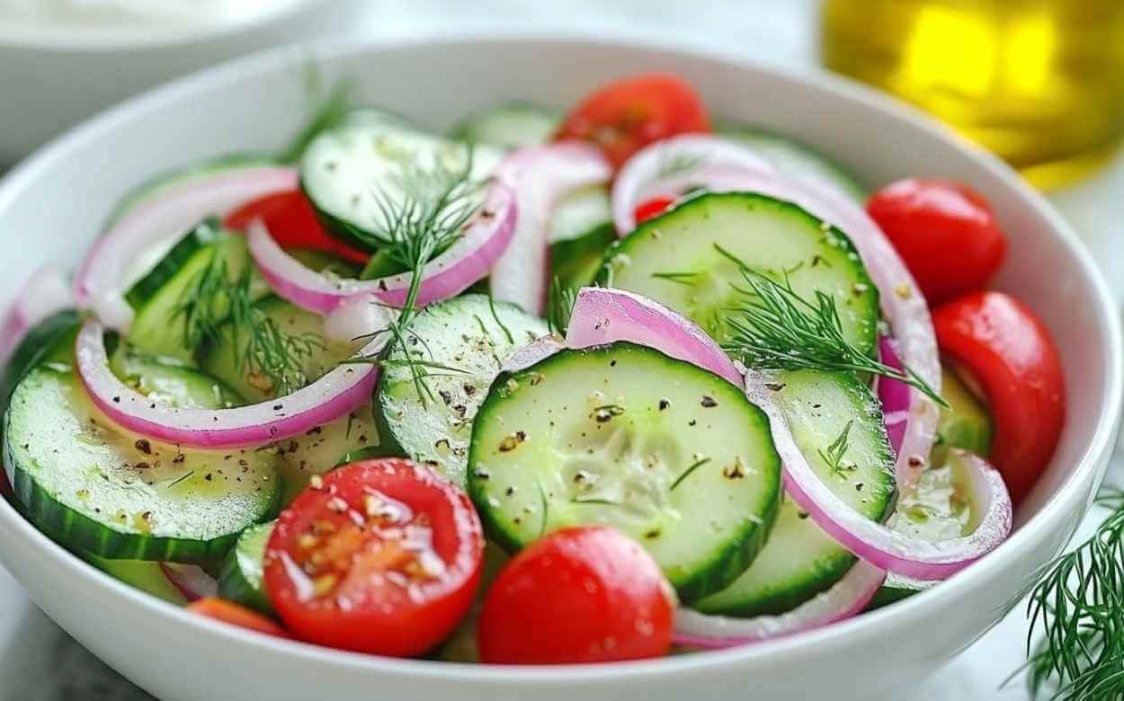 Bol de salade de concombre garni de rondelles de concombre, quartiers de tomates cerises, anneaux d’oignon rouge et brins d’aneth, légèrement assaisonné d’huile d’olive et de poivre.