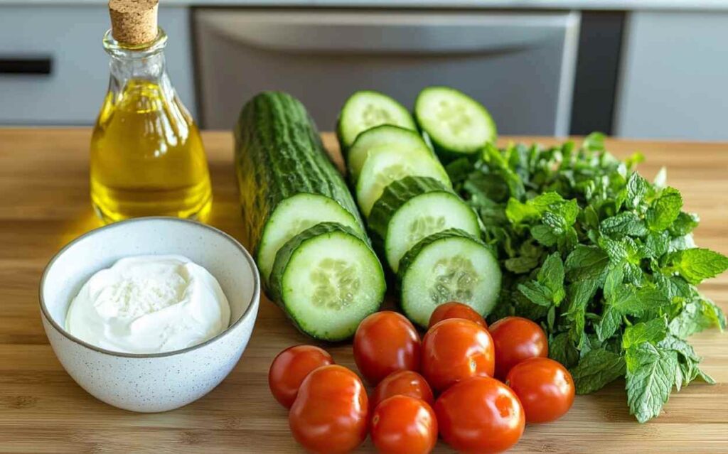 Ingrédients pour salade de concombre : un bol de crème fraîche, une bouteille d’huile d’olive, des concombres tranchés et entiers, des tomates cerises et un bouquet de menthe fraîche, disposés sur un planche à découper en bois.