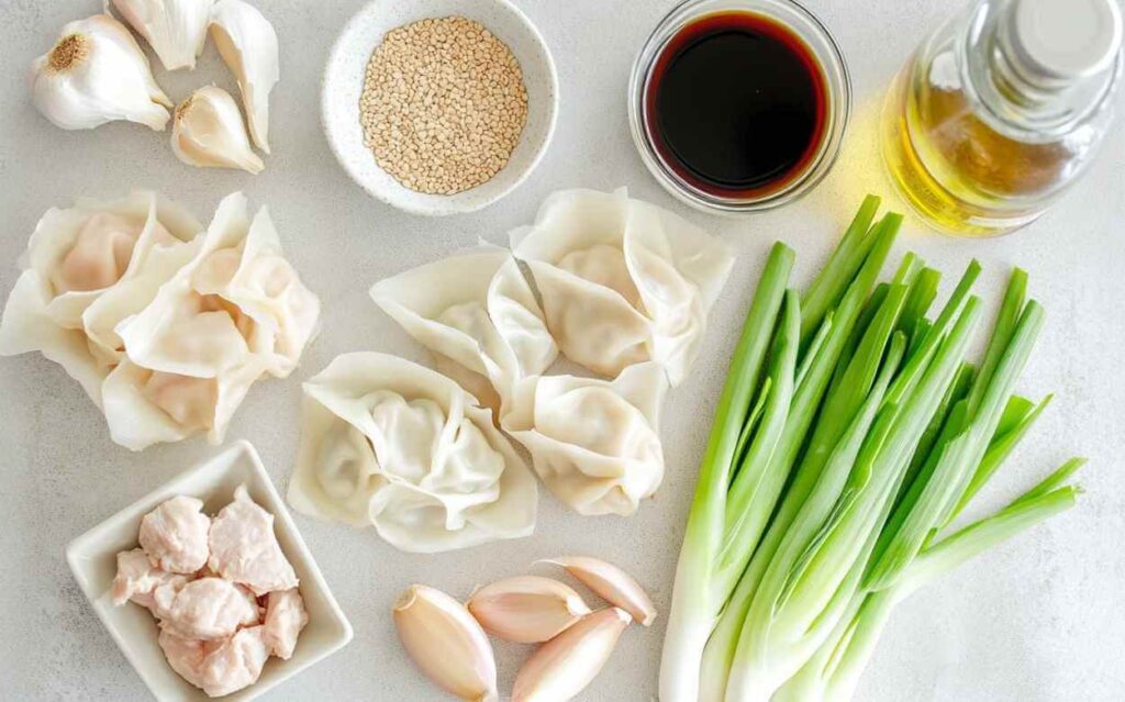 Ingrédients frais pour soupe won ton : raviolis chinois crus, morceaux de poulet, ail, échalotes, ciboule, graines de sésame, sauce soja et huile, disposés sur un plan de travail clair.