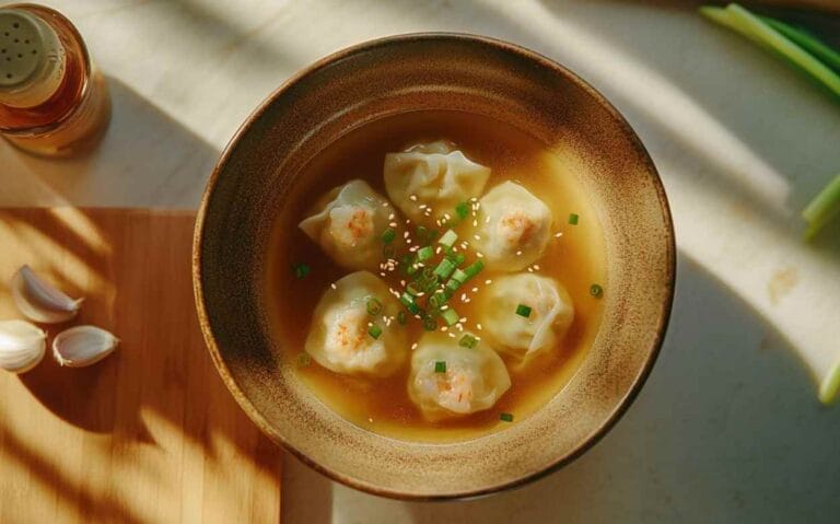 Bol de soupe won ton avec raviolis chinois farcis de crevettes, bouillon clair, graines de sésame et ciboulette fraîche, vue de dessus.