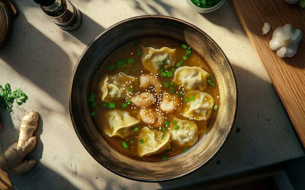 Bol de soupe won ton traditionnelle avec raviolis chinois, crevettes, bouillon clair, graines de sésame et ciboulette, vue de dessus.