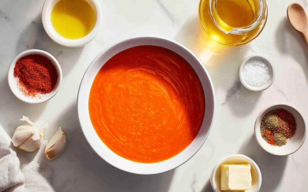 Bol blanc contenant une sauce Buffalo lisse et brillante, entouré de petits bols avec des ingrédients secs et liquides comme paprika, huile, beurre, sel, épices, et de gousses d’ail sur un plan de travail en marbre blanc.