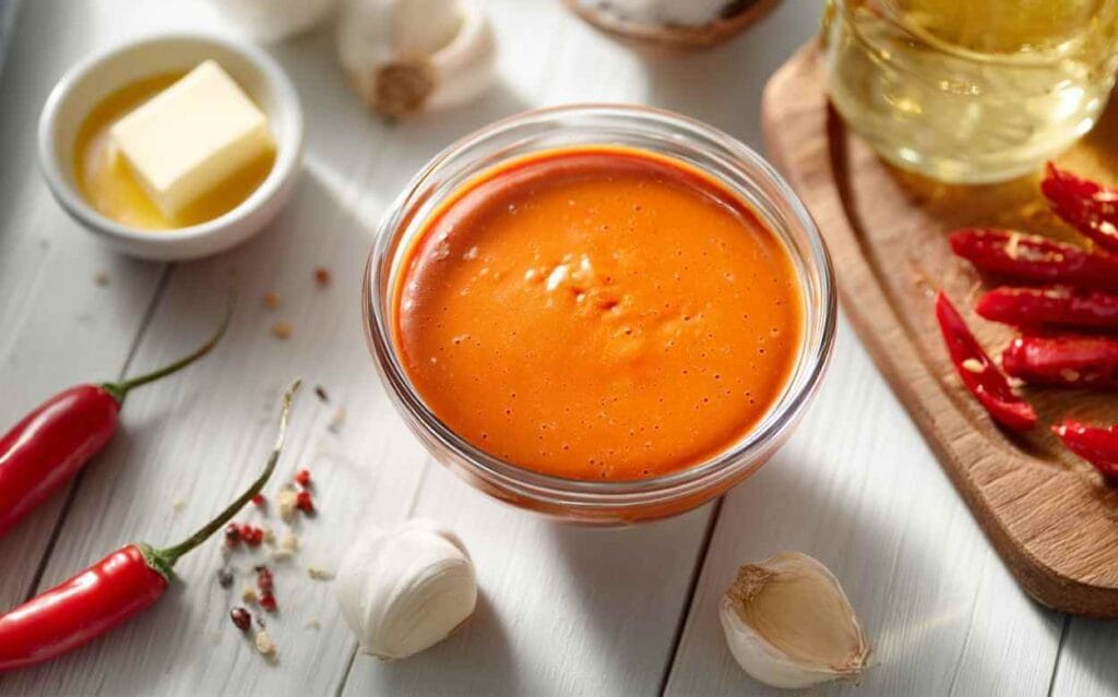 Sauce Buffalo maison orange dans un bol en verre entourée d’ingrédients frais comme du beurre fondu, des piments rouges, de l’ail et des épices sur une table en bois clair.
