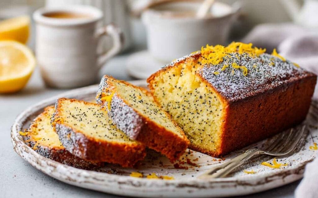Tranche de cake moelleux au citron avec graines de pavot, décoré de zestes de citron sur une assiette rustique, accompagné de tasses de café en arrière-plan flou.