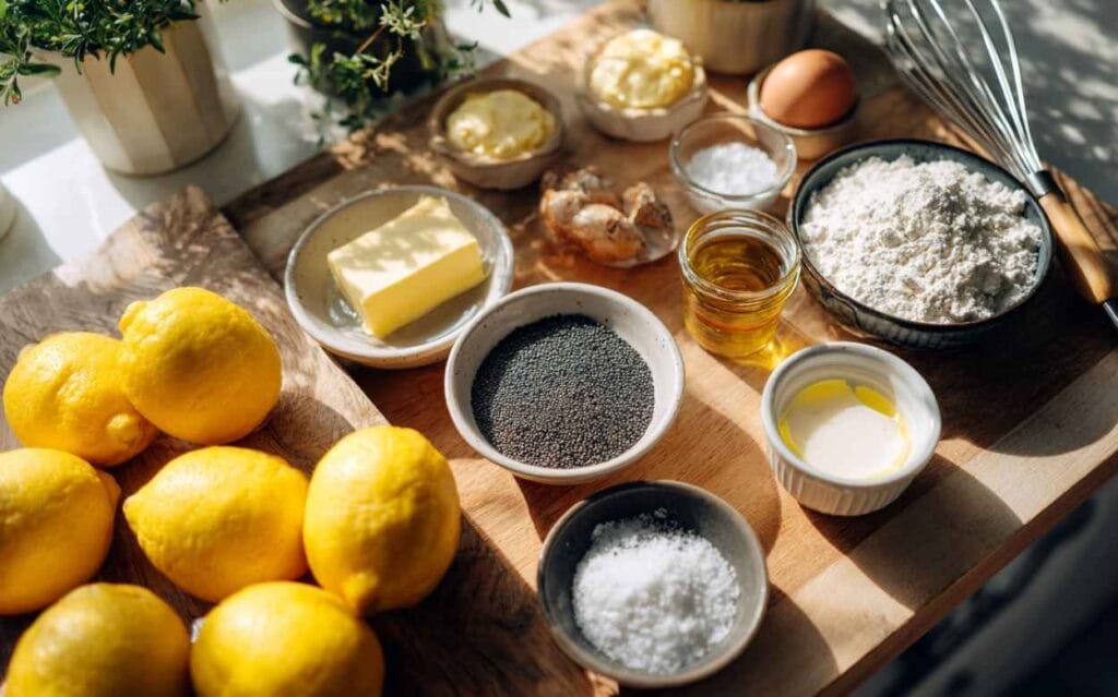 Ingrédients frais pour un cake au citron et aux graines de pavot disposés sur une planche en bois, comprenant des citrons jaunes, graines de pavot, beurre, farine, œuf, miel, sel, gingembre frais et autres ingrédients de pâtisserie, éclairage naturel.