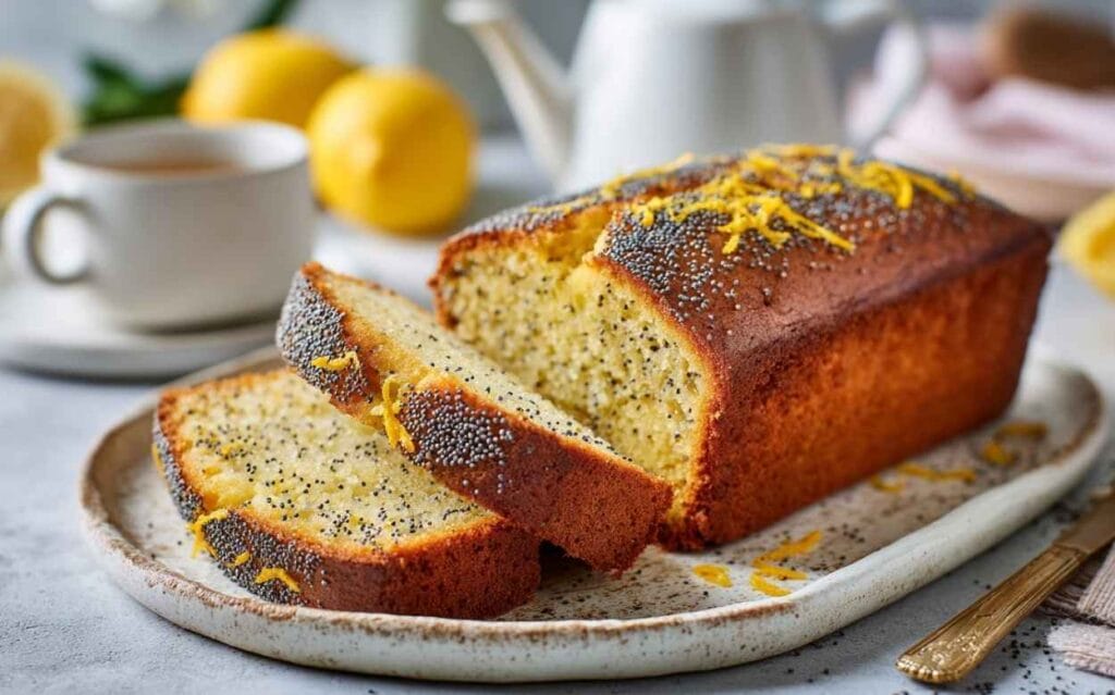 Cake au citron et graines de pavot tranché, présenté sur une assiette en céramique avec zestes de citron, accompagné d’une tasse de café et de citrons frais en arrière-plan flou.