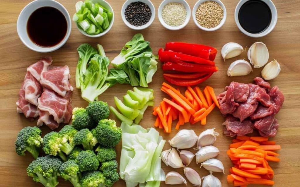 Ingrédients frais disposés sur une planche en bois pour préparer un Chop Suey : morceaux de porc, brocoli, chou chinois, carottes, poivrons rouges, ail, sauce soja, graines de sésame et poivre.