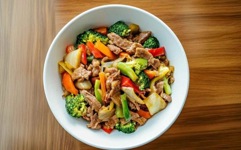 Bol blanc rempli de Chop Suey au porc avec brocoli, poivrons rouges et verts, carottes et oignons, sur une table en bois.
