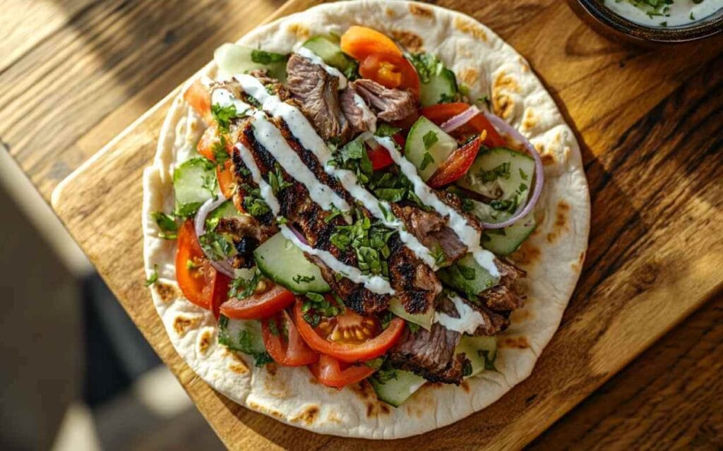 Colis pita ouvert garni de viande grillée, tranches de concombre, tomates fraîches, oignons rouges, persil haché et sauce blanche crémeuse sur un pain pita chaud, posé sur une planche en bois.