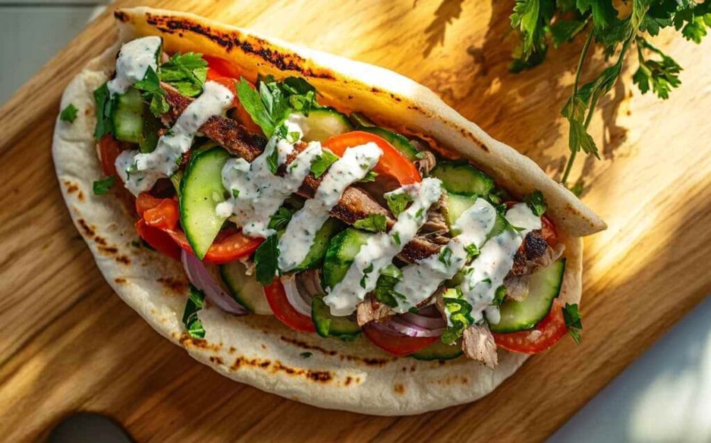 Colis pita garni de viande grillée, concombres, tomates, oignons rouges, persil frais et sauce blanche crémeuse sur un pain pita légèrement grillé, posé sur une planche en bois.