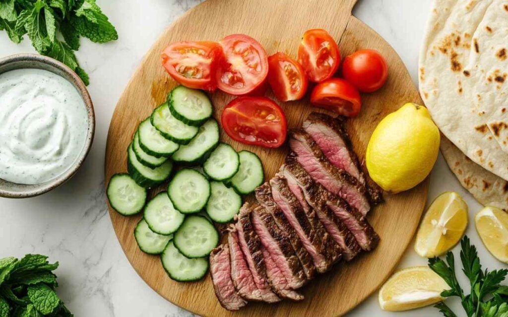Planche en bois avec tranches de concombre, quartiers de tomate, viande grillée tranchée, citron entier et quartiers de citron, pain pita et sauce blanche à la menthe, sur un plan de travail en marbre.