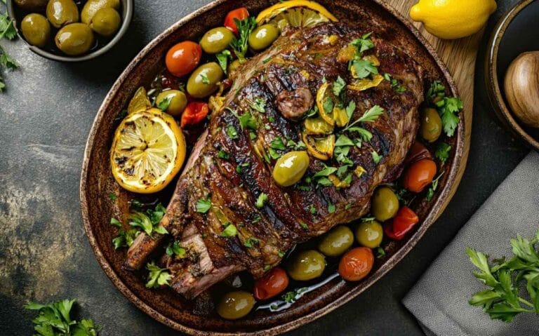 Gigot d’agneau rôti à la marocaine avec olives vertes, tomates cerises, citron grillé et herbes fraîches, présenté dans un plat en terre cuite.
