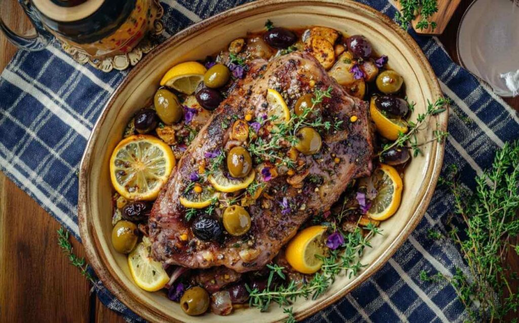 Gigot d’agneau rôti aux olives vertes et noires, tranches de citron et herbes fraîches, servi dans un plat en terre cuite posé sur une nappe à carreaux bleue.